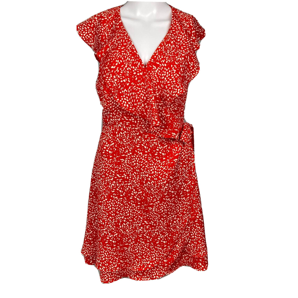 THML Dress‎ Womens Sz M Orange Red Ivory Spotted Sleeveless Ruffle A Line Wrap
